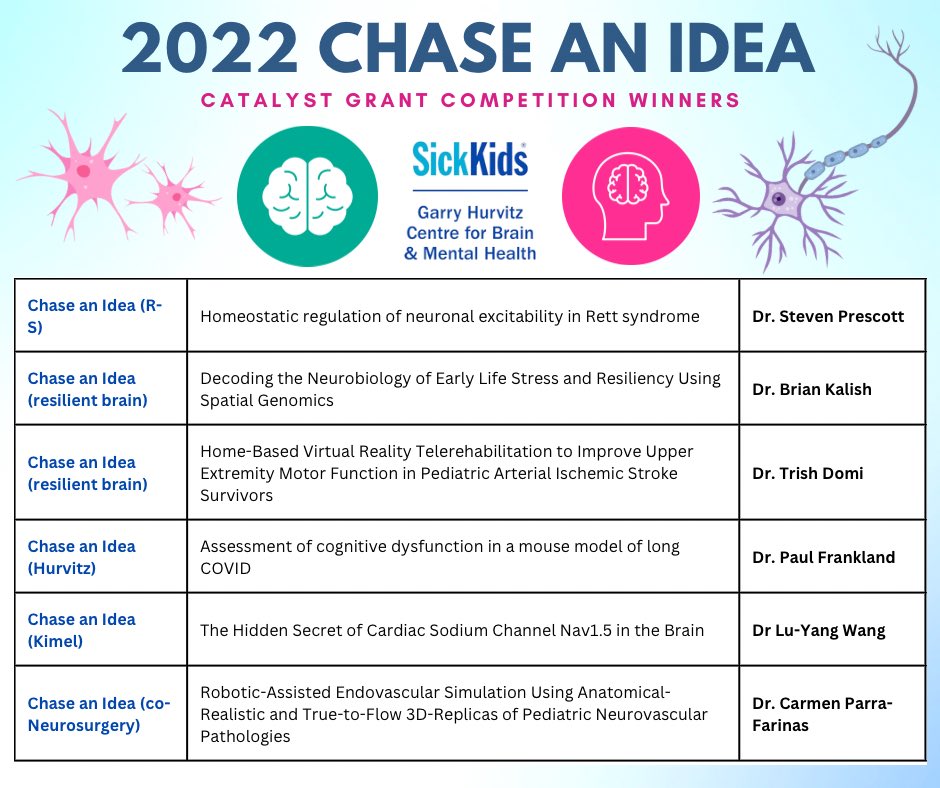 Huge congratulations to the 2022 Chase an Idea catalyst grant competition winners! 🙌

Dr. Steven Prescott 
Dr. Brian Kalish
Dr. Trish Domi
Dr. Paul Frankland 
Dr. Lu-Yang Wang 
Dr. Carmen Parra-Farinas 

We look forward to your discoveries and potentially ground-breaking ideas!