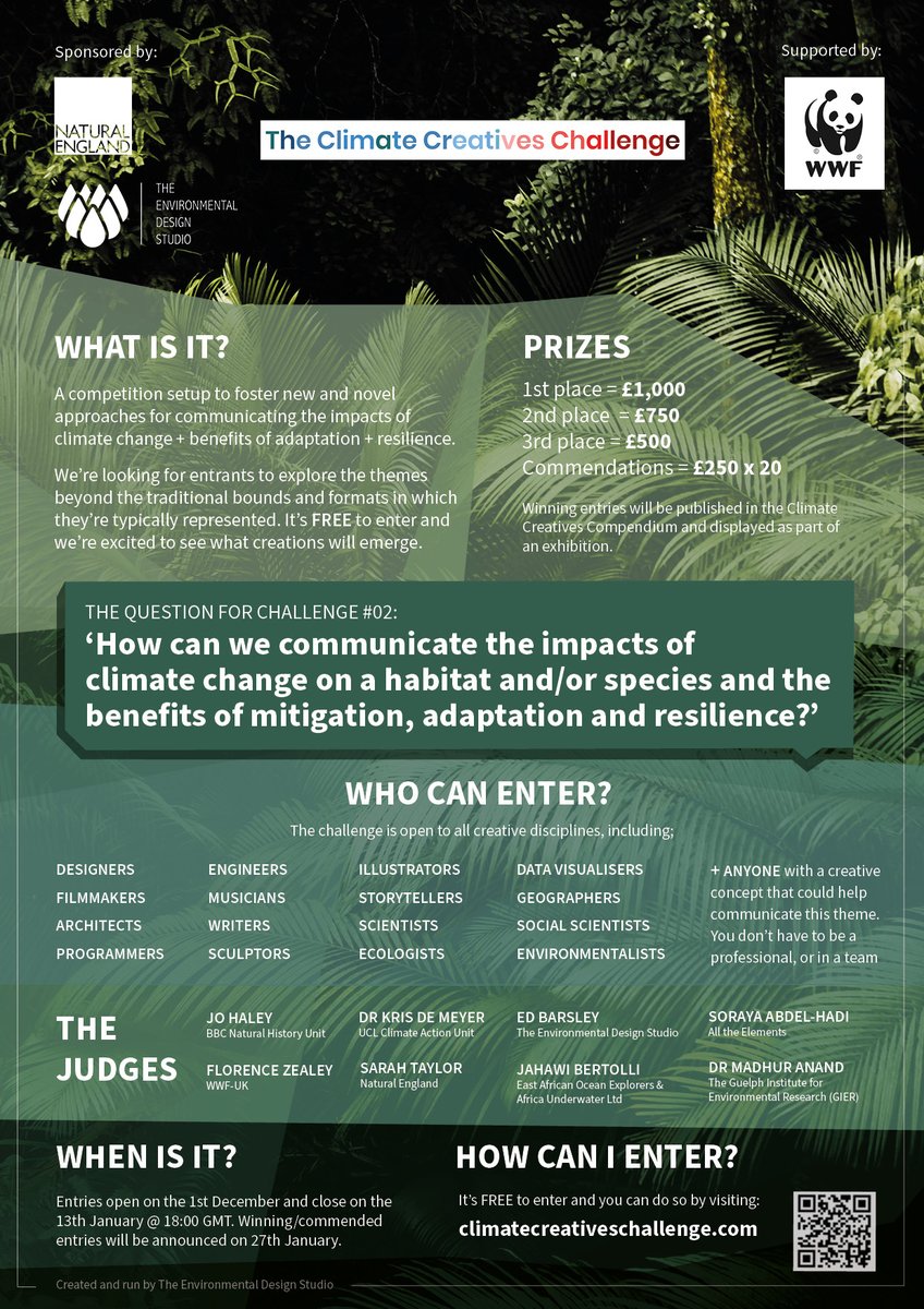 theccchallenge's tweet photo. There's one month to go in the second Climate Creatives Challenge, the focus of which is 'Ecological Change'. It's free to enter and open to all disciplines and creative backgrounds! https://t.co/rIdbaCf7X2

Sponsored by @naturalengland / @teds_uk
Supported by @WWF / @WWF_UK https://t.co/EsibL8jM5X