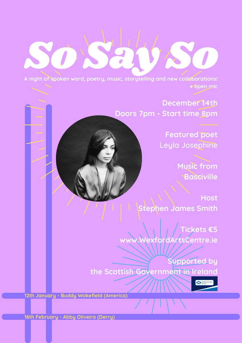 Stephen James Smith (@sjswords) on Twitter photo #Wexford.. don't miss this!!!
Tomorrow, Wednesday, December 14th, 8pm
'So Say So'
<a href="/wexfordarts/">@Wexford Arts Centre</a>
Featuring
@LeylaJosephine1 & <a href="/Basciville/">Basciville</a>
Ticket:
wexfordartscentre.ticketsolve.com/ticketbooth/sh…
Facebook Event:
fb.me/e/6KzI2fpeM
Supported by <a href="/scotgov/">Scottish Government</a> in Ireland
#Poetry #Music #SpokenWord #Wexford.. don't miss this!!!
Tomorrow, Wednesday, December 14th, 8pm
'So Say So'
<a href="/wexfordarts/">@Wexford Arts Centre</a>
Featuring
@LeylaJosephine1 & <a href="/Basciville/">Basciville</a>
Ticket:
wexfordartscentre.ticketsolve.com/ticketbooth/sh…
Facebook Event:
fb.me/e/6KzI2fpeM
Supported by <a href="/scotgov/">Scottish Government</a> in Ireland
#Poetry #Music #SpokenWord