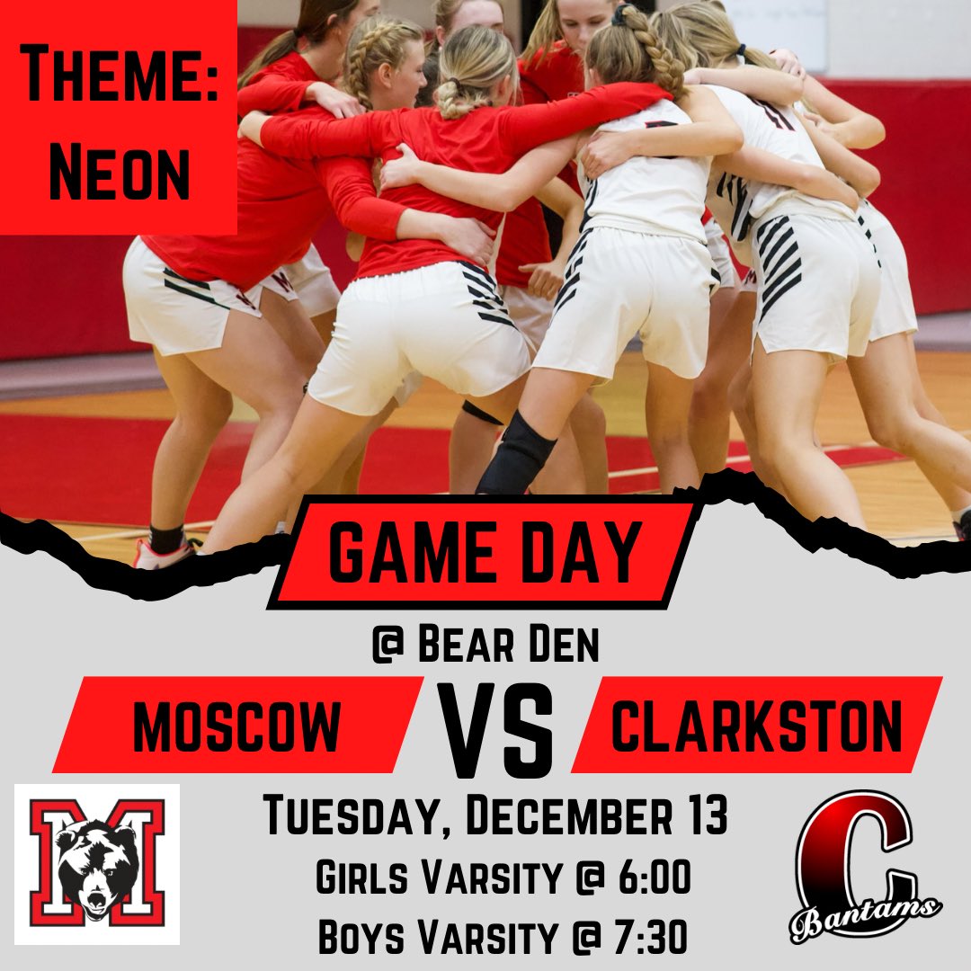 GAME DAY!

🆚: Clarkston (WA)
📍: Moscow, ID
🏟️: Bear Den
🕕: 6:00pm (PT)
💻: nfhsnetwork.com