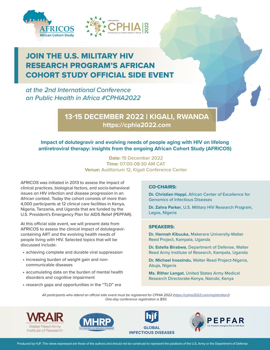 MHRPInfo's tweet photo. MHRP @wrair @HJFMilMed is excited to be back at #CPHIA2022 this week in Kigali, Rwanda. Join us for an official side event hosted by MHRP's African Cohort Study (AFRICOS) group on 15 Dec. Details in the flyer below👇
Learn more about #AFRICOS here: https://t.co/N3sfP7XslQ https://t.co/5n6ljX1zCG