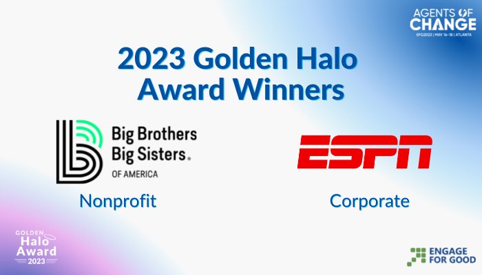 BBBSA is honored to receive <a href="/EngageForGood/">Engage for Good</a>'s  Golden Halo Award alongside <a href="/espn/">ESPN</a>! This award recognizes our devotion to partnering with organizations and individuals that embrace our commitment to justice, equity, diversity, and inclusion surrounding youth empowerment. #EFG2023
