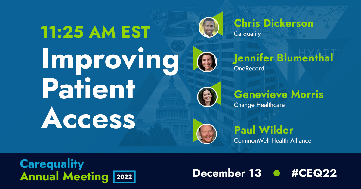 Improving Patient Access panel with <a href="/OneRecord/">OneRecord</a> <a href="/Change_HC/">Change Healthcare</a> and <a href="/CommonWell/">CommonWell Health Alliance</a> happening now! #CEQ22