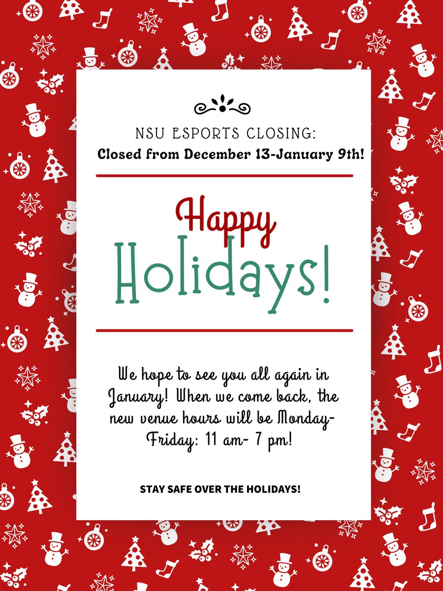 The venue will be closed for the holidays! See everyone again in January for the new venue hours of 11 am- 7 pm, Monday through Friday! Happy Holidays! 😈#nsula #nsuesports #happyholidays