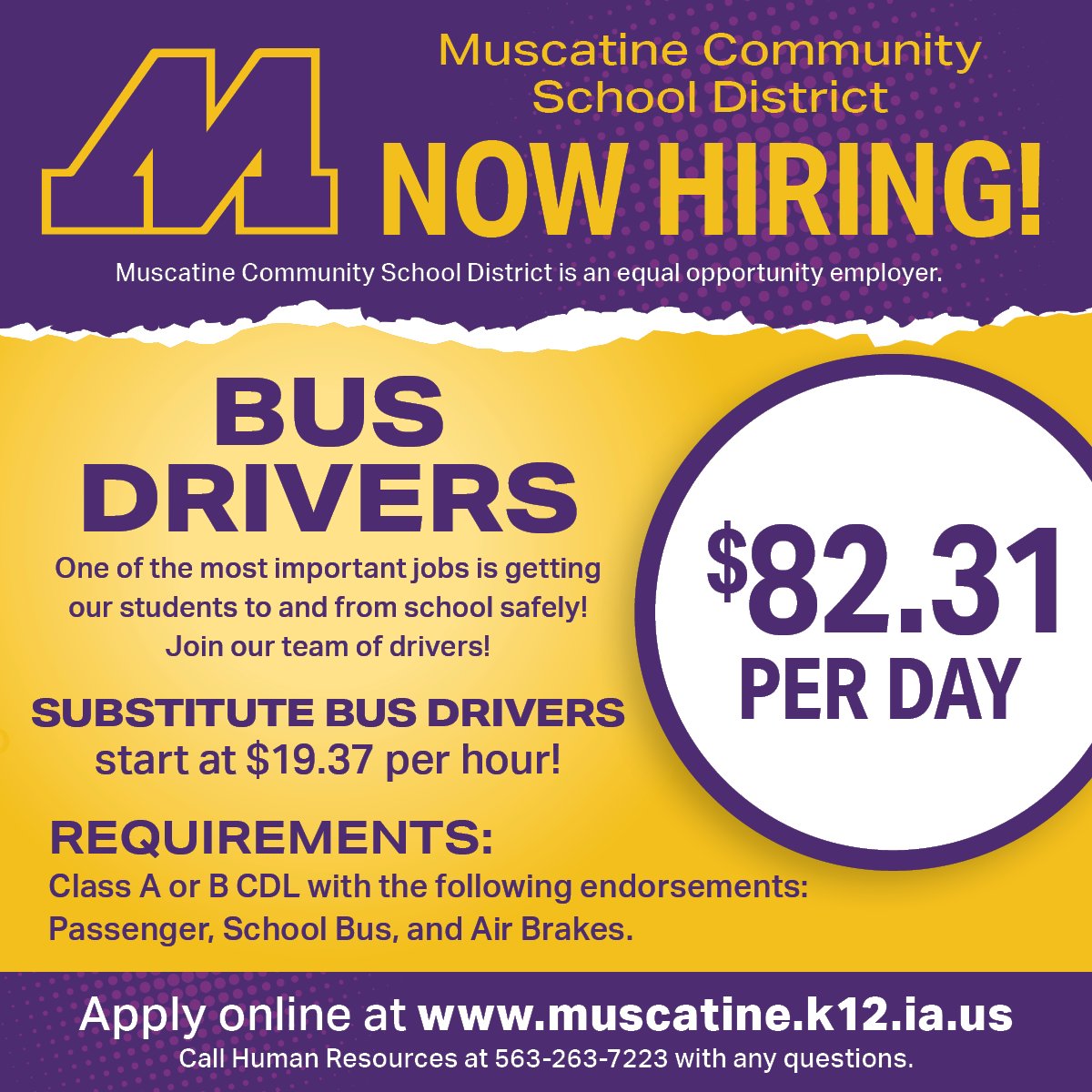MuscatineCSD's tweet photo. Join the #MuskieTeam! We're looking for Bus Drivers! Use the link below to apply online.
Apply here; https://t.co/CFuOBr0d2B
#MuskieSchools #MuscatineCommunitySchoolDistrict #Muscatine #MuscatineMuskies #MuscatineIowa https://t.co/OBRtGXgbqH