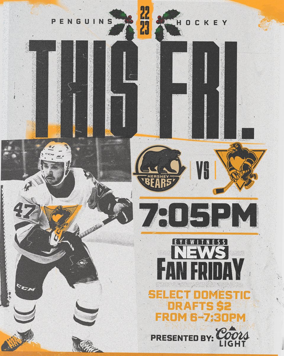 WBSPenguins's tweet photo. We've got a @wbrewyou Fan Friday for you this week as we take on the Hershey Bears! Get $2 select drafts from 6-7:30p, presented by @CoorsLight ! 

🎟️ https://t.co/j8VxoGzZ0B https://t.co/Y7yJioa9RG