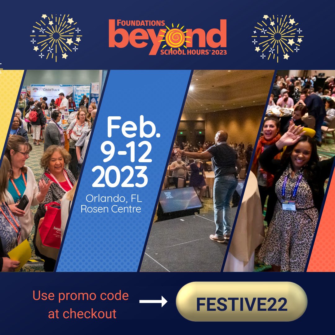 🎁 JUST FOR YOU! Now through 12/18, use promo code FESTIVE22 to receive a special discount on your #BeyondSchoolHours registration. Happy holidays from your <a href="/foundations_inc/">Foundations, Inc.</a> family!

REGISTER: beyondschoolhours.org

P.S. 🌴 Book your room <a href="/RosenCentre/">Rosen Centre</a> today—space is filling up!