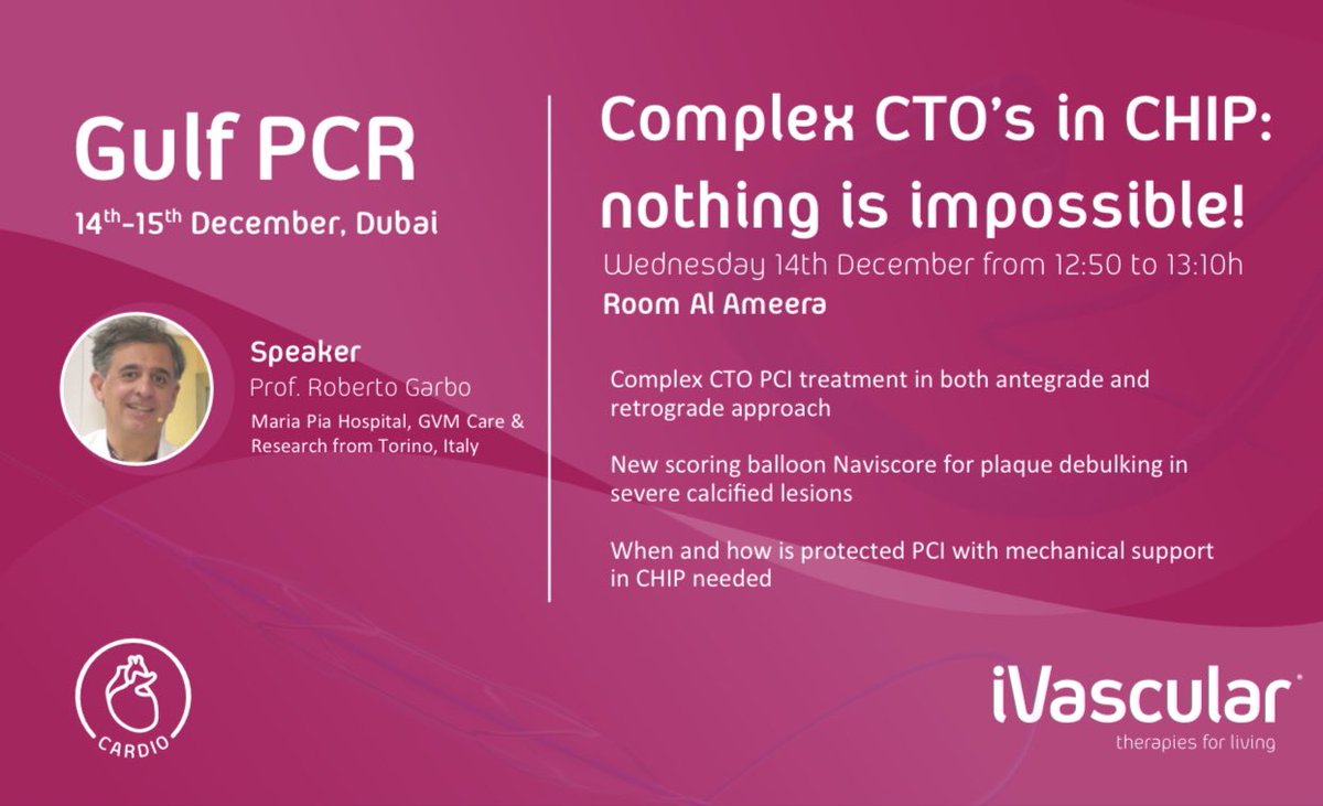 iVascularGlobal's tweet photo. Join us tomorrow at Gulf PCR and learn more about the treatment of complex CTO’s in CHIP from Prof. Roberto Garbo (Italy) at 12:50h in room Al ameera. 

#iVascular #GulfPCR https://t.co/A85lWO1UVn