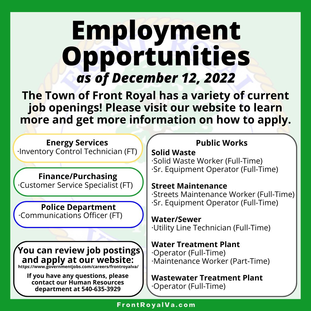 Employment Opportunities as of December 12, 2022 Here's the link for more information: petitelink.net/tofrjobs #frontroyalva #govtjobs #shenandoahvalley #localgovernment #jobseeker #jobseeker #jobs #interview #work #recruitment #Staffing #career #jobsearch #jobhunt #vacancy