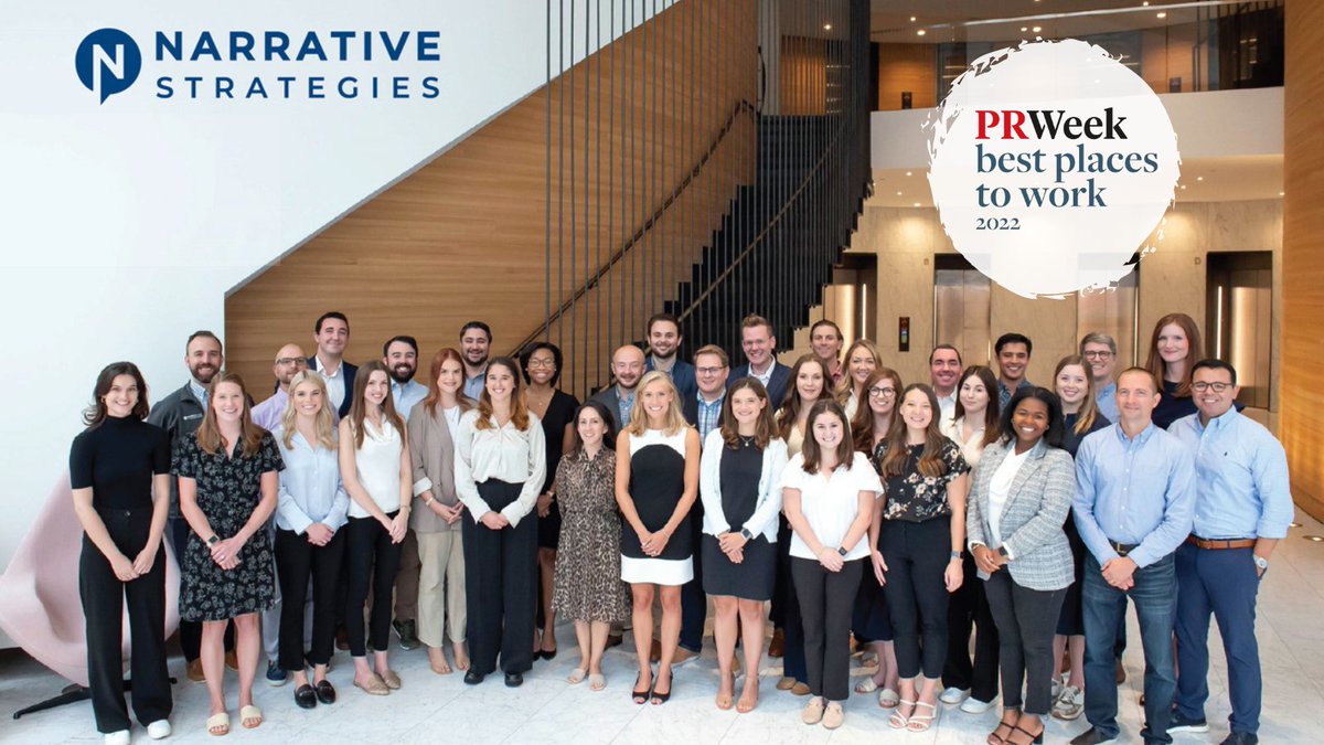 NRTVStrategies's tweet photo. Narrative Strategies is proud to be recognized by @PRWeekUS as a Best Place to Work for the third year in a row. The award reflects our commitment to creating an environment where we can reach our full potential and ultimately deliver the best possible outcomes for our clients. https://t.co/BJxaeWJyFW