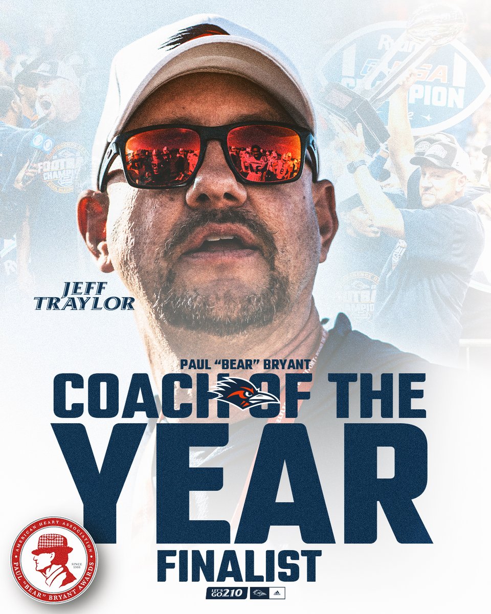 UTSAFTBL's tweet photo. 𝘾𝙤𝙖𝙘𝙝 𝙤𝙛 𝙩𝙝𝙚 𝙔𝙚𝙖𝙧 𝙁𝙞𝙣𝙖𝙡𝙞𝙨𝙩

@CoachTraylor is one of 6 finalists for the Paul "Bear" Bryant Awards (@bryantawards) Coach of the Year.

🔗 https://t.co/Sb6lmEaCYg
🗳️ https://t.co/OmuyLplVI2

#210TriangleOfToughness 
#LetsGo210 | #BirdsUp 🤙 https://t.co/5Y9ZyPZChl