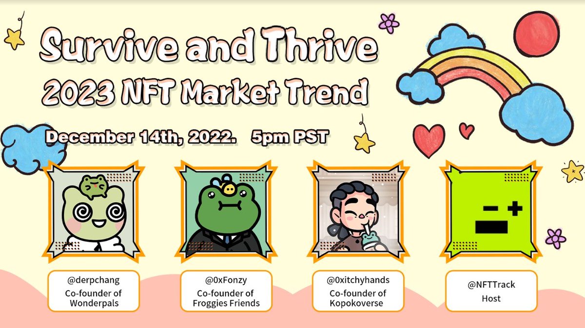 We are excited to have <a href="/wonderpals/">WONDERPALS 🌱</a> <a href="/FroggyFriendNFT/">meena</a> and <a href="/kopokoverse/">Bee Canteen</a> join our NFTTrack Radio to talk about SURIVE &amp; THRIVE
📅 Wednesday, December 14th, 17:00 PST/ 20:00EST.
📍 x.com/i/spaces/1kvJp…
🎁 WLs, art piece and a FroggyFriend NFT awaits those who participates🎉