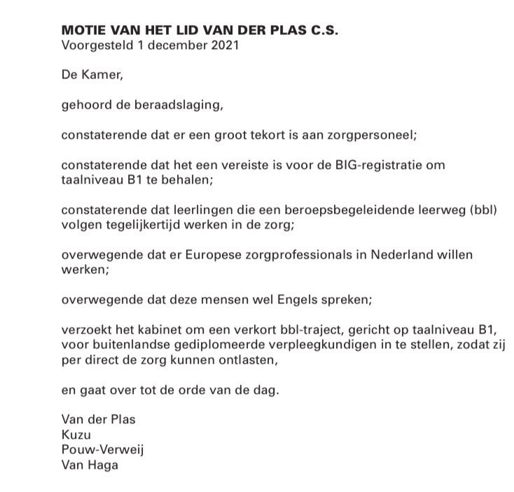 <a href="/Nieuwsuur/">Nieuwsuur</a> Jammer dat D66 dan vorig jaar tegen mijn motie stemde (die ik samen indiende met <a href="/NickiVerweij/">Nicki Pouw-Verweij</a> <a href="/tunahankuzu/">Tunahan Kuzu</a> en <a href="/WybrenvanHaga/">Wybren van Haga</a>) om zorgprofessionals uit Europa een verkort bbl-traject aan te bieden om de zorg te ontlasten