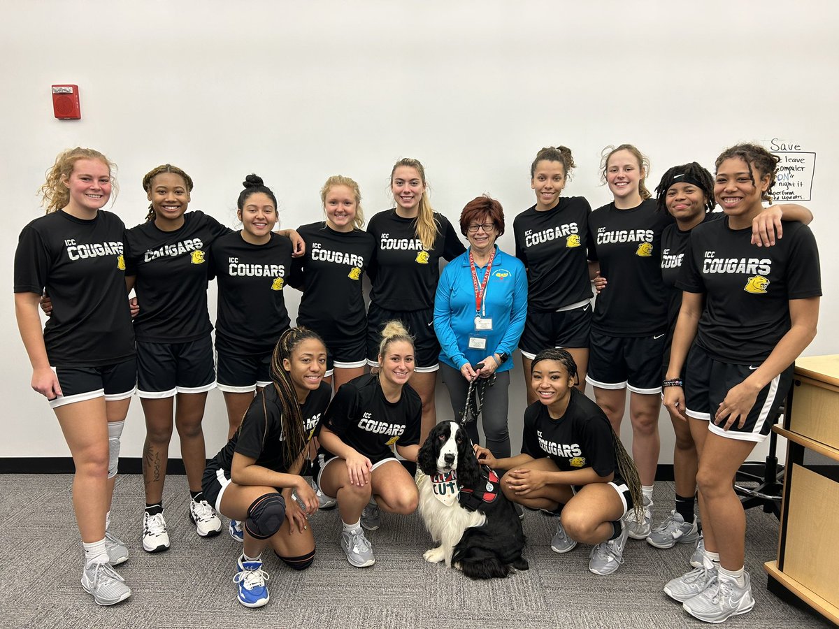 KarrieRedeker's tweet photo. .@ICC_CougarsWBB had a great visit with Roosevelt the therapy dog (&amp; owner Pat) after practice today 🐕‍🦺🐾 https://t.co/iikbIhY3bi