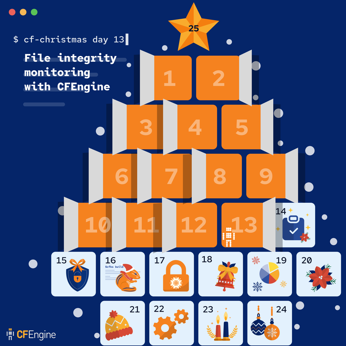 cfengine's tweet photo. @craig_comstock_ Day 13/25: Like AIDE, mentioned a couple of days ago, #CFEngine can also be used for integrity checking. Specify the files you'd like to monitor, and let the agent track changes in file content / hashes as well as metadata:
https://t.co/qoTsCW0O6d #Security #Compliance #InfoSec https://t.co/rpzsUVm7VL