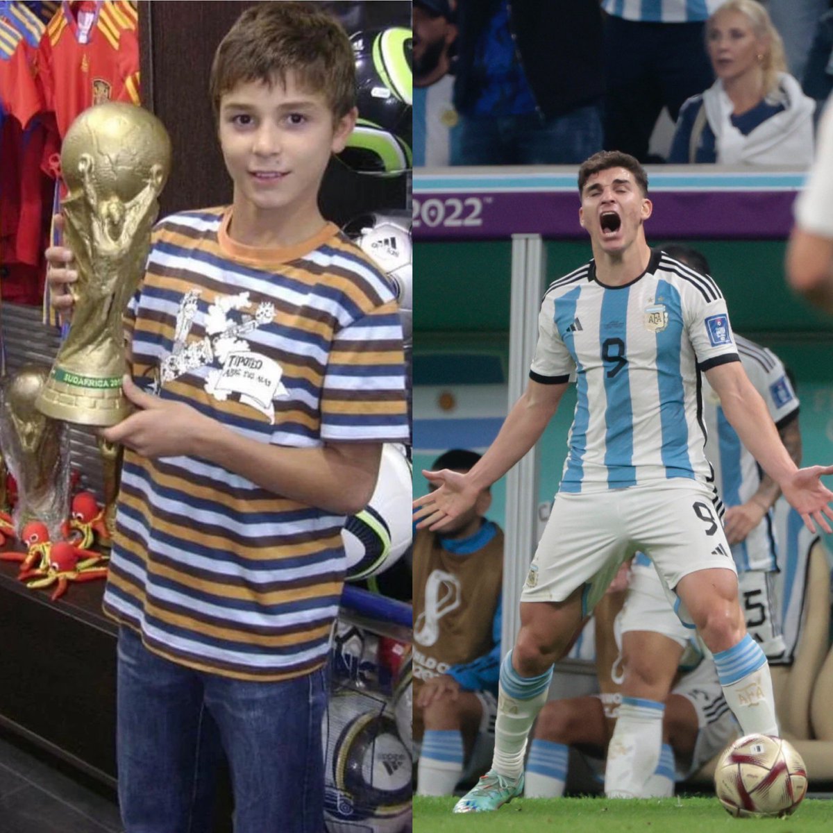 MiVidaEnFutbol's tweet photo. El niño que cuando chico posaba con la Copa del Mundo y hoy generó un penal y anotó para llevar a Argentina a la final de un Mundial. Julián Álvarez, el sueño del pibe. https://t.co/08Olo9chMR