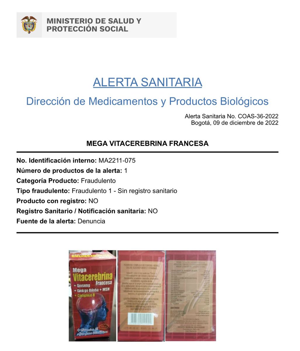 invimacolombia's tweet photo. 🚨¡Atención!🚨 #AlertaSanitaria sobre  “MEGA VITACEREBRINA FRANCESA”.
Este producto no se encuentra amparado bajo un registro sanitario emitido por la autoridad competente por lo tanto, su comercialización en Colombia es ilegal. 
⬇️
https://t.co/1N78rSznkU https://t.co/PKH6CL5tzD