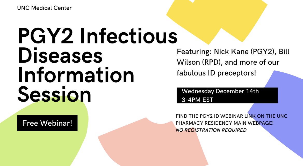 UNC ID Pharmacy (@unc_id_pharmacy) on Twitter photo 📣💻 WEBINAR REMINDER‼️
Tune in 📲 tomorrow 12/14 at 3PM EST to learn more 💡 about our ID residency program!! No registration required 🤩 just find the webinar link on our main webpage using the address below 🔍 See you then! 😄🤓 #IDtwitter #TwitteRx 
uncmedicalcenter.org/uncmc/professi… 📣💻 WEBINAR REMINDER‼️
Tune in 📲 tomorrow 12/14 at 3PM EST to learn more 💡 about our ID residency program!! No registration required 🤩 just find the webinar link on our main webpage using the address below 🔍 See you then! 😄🤓 #IDtwitter #TwitteRx 
uncmedicalcenter.org/uncmc/professi…