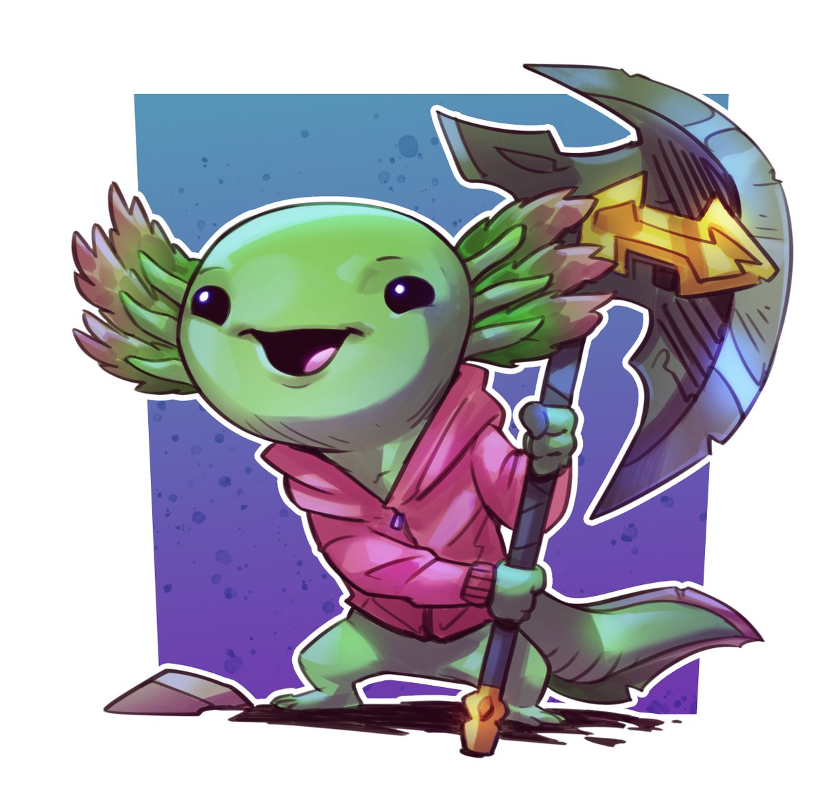 sneekkio's tweet photo. Exactly one year ago I created Axel, this green axolotl warrior... Today I wondered what happened to this character a whole year?!
And this is the result... the second image is the one year ago concept! 
#axolotl #conceptart https://t.co/uPioHr2Re9