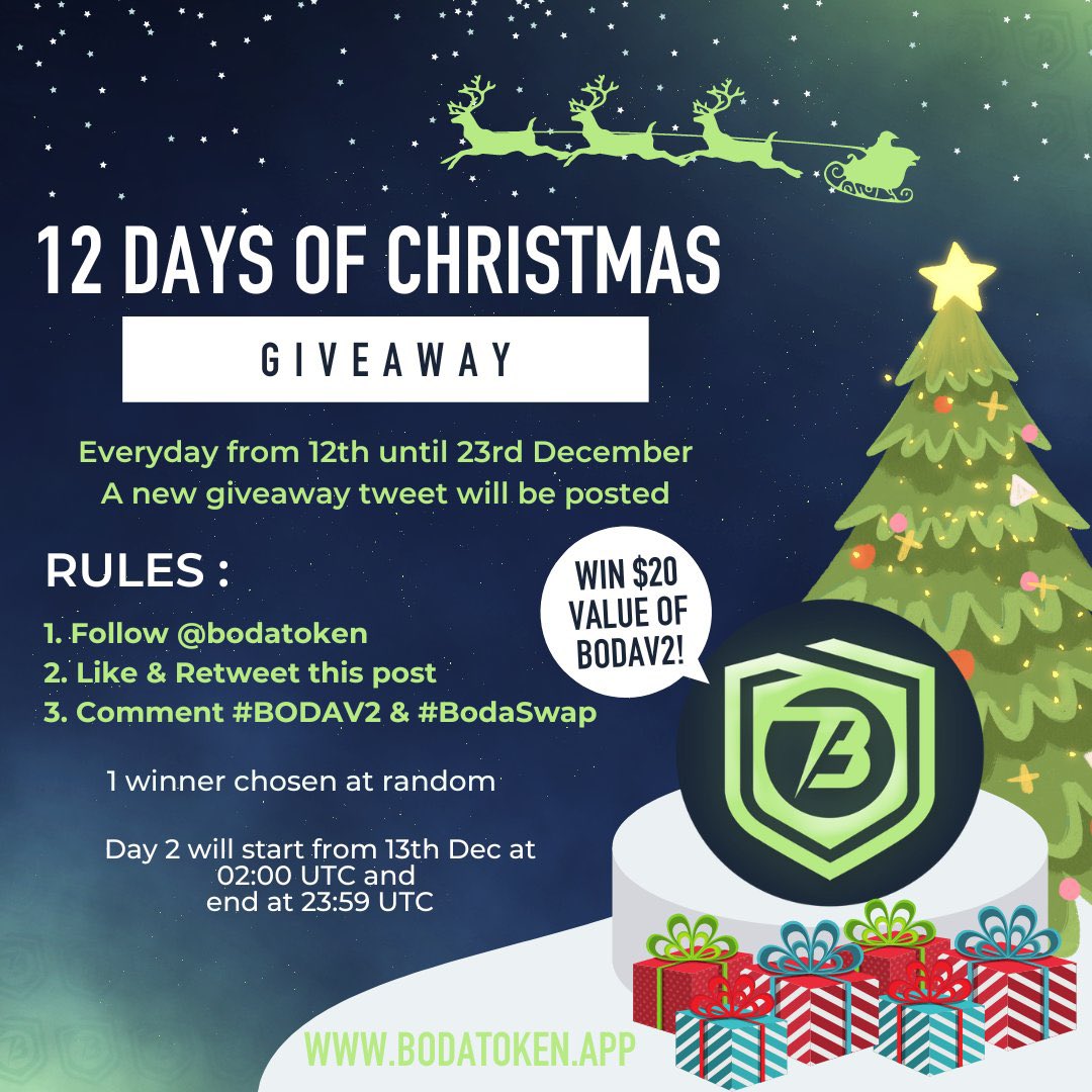 Brianfoxfield's tweet photo. Few hours to the end of @BodaToken Day 2 Christmas Giveaway🎁💰
Simply follow @BodaToken, like and retweet the giveaway post on its twitter page to stand the chance of being the lucky winner🏅
Goodluck💫
#Crypto #BSC #BodaToken #BODAV2 #Giveaway https://t.co/gf5mRytKbm