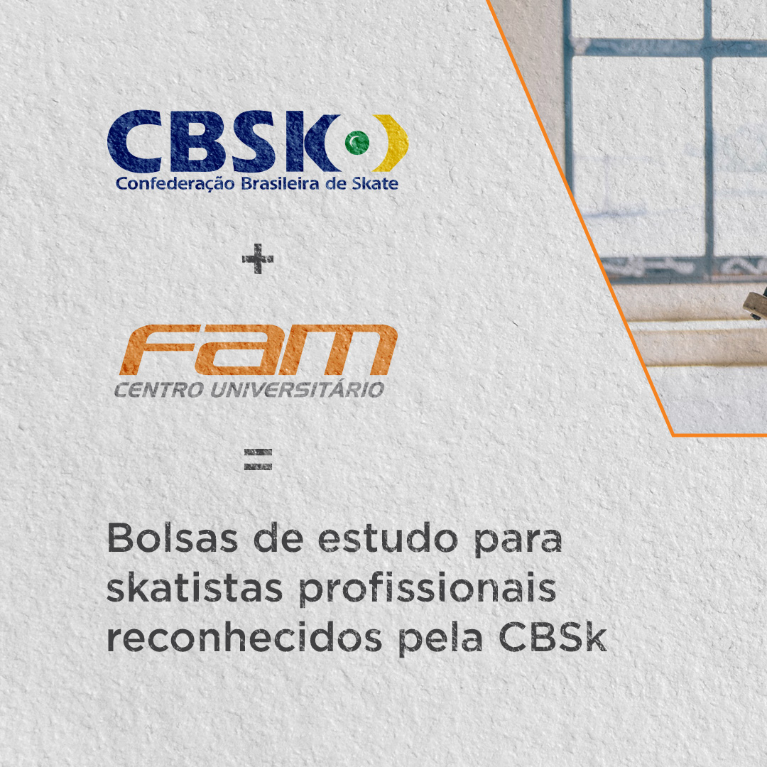 cbskoficial's tweet photo. Skatistas profissionais reconhecidos pela CBSk agora podem estudar na FAM com bolsa de estudo: 60% a 80% no valor da mensalidade!
#SkateBrasileiro #CBSk #SomosTodosCBSk #OSkateJunta #NoMerger #SkateInstitucional #VemPraFAM @vemprafam https://t.co/OLmd6RdhcX