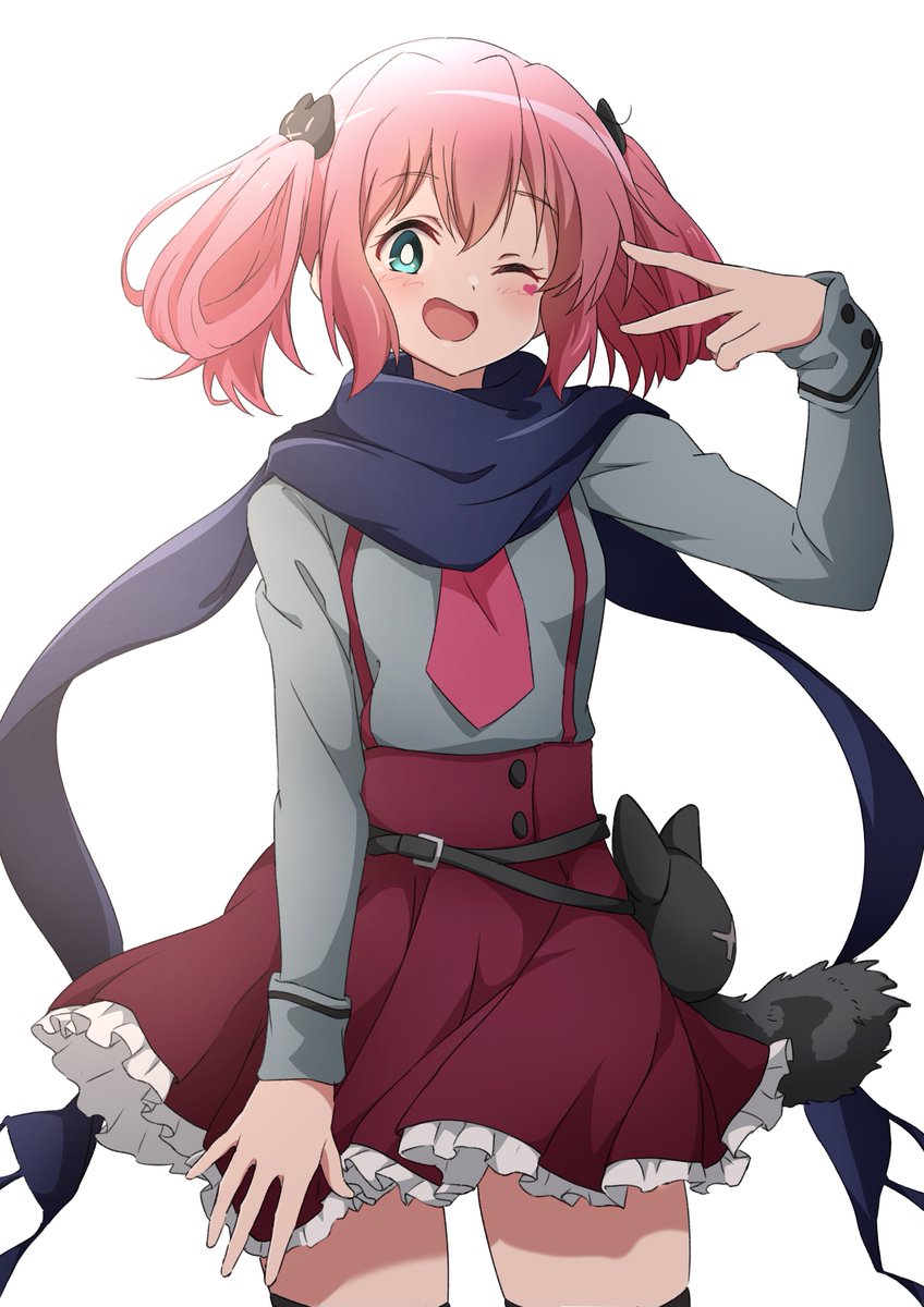 1girl one eye closed scarf solo pink hair grey shirt thighhighs  illustration images