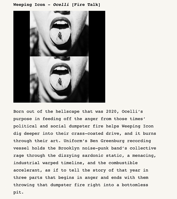 firetalkrecs's tweet photo. Ocelli by @Weeping_Icon makes @rcmndedlisten's Best EPs of 2022 🐝

     🔎 "rage through the dizzying sardonic static, a menacing, industrial warped timeline"

have u listened? it's one of the year's best!

🗑️https://t.co/2xE2A0VUWf
✒️ https://t.co/LMiW03efQ8 https://t.co/APF8WnruFx