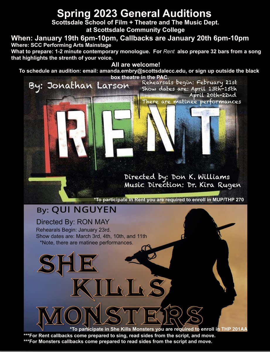 SSFTatSCC's tweet photo. Auditions for "She Kills Monsters" and "Rent" - January 19th https://t.co/VammMWqWSd