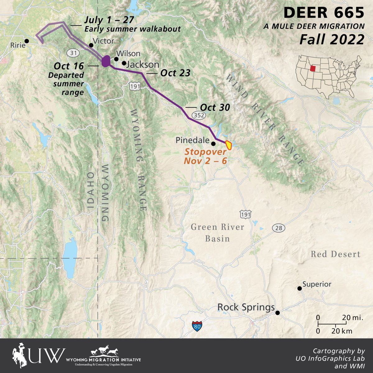 wyo_migrations's tweet photo. #Deer665 climbed out of Hoback Basin to the Upper Green, where she traverses working ranches, wildlife refuges, and also fences, highways, and lakes. 80 miles and counting. How many more to go? #MigrationTracking #Deer #wildlife #Wyoming #MuleDeer #conservation https://t.co/IJmsY7UV8n