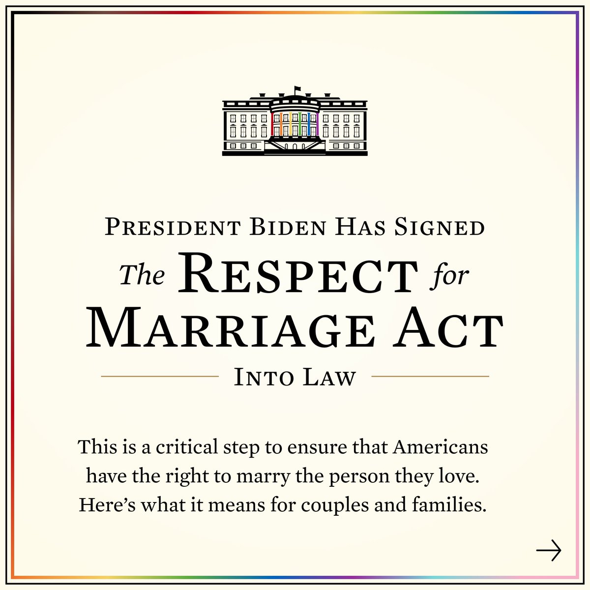 Ten years ago, President Biden announced his support for marriage equality – becoming the highest-ranking U.S. government official to do so. Today, @POTUS signed historic legislation to protect marriage for same-sex and interracial couples.