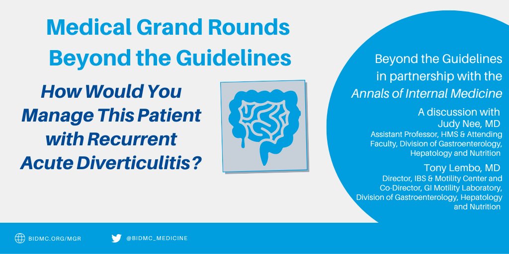 This week's Grand Rounds is a Beyond the Guidelines event in partnership with @AnnalsofIM. Drs. Judy Nee and Anthony Lembo, @BIDMC_GI Motility experts, will discuss the topic 'How Would You Manage This Patient with Recurrent Acute Diverticulitis?' Join us!

📅 December 15
🕖 8 am