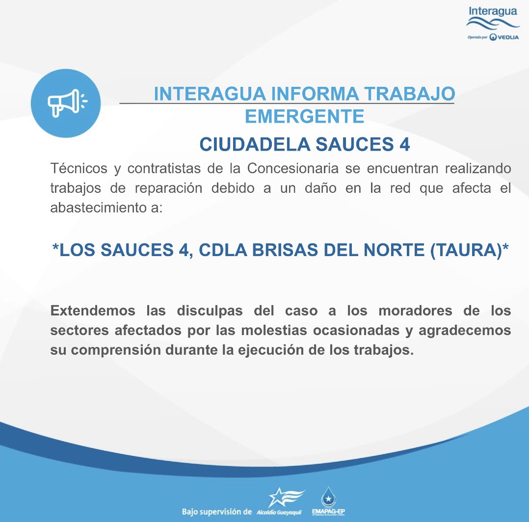 interagua's tweet photo. 👉🏻Debido a un daño detectado en una tubería, realizaremos trabajos de reparación en la Cdla. Sauces 4 https://t.co/ZBmdzdp7mx