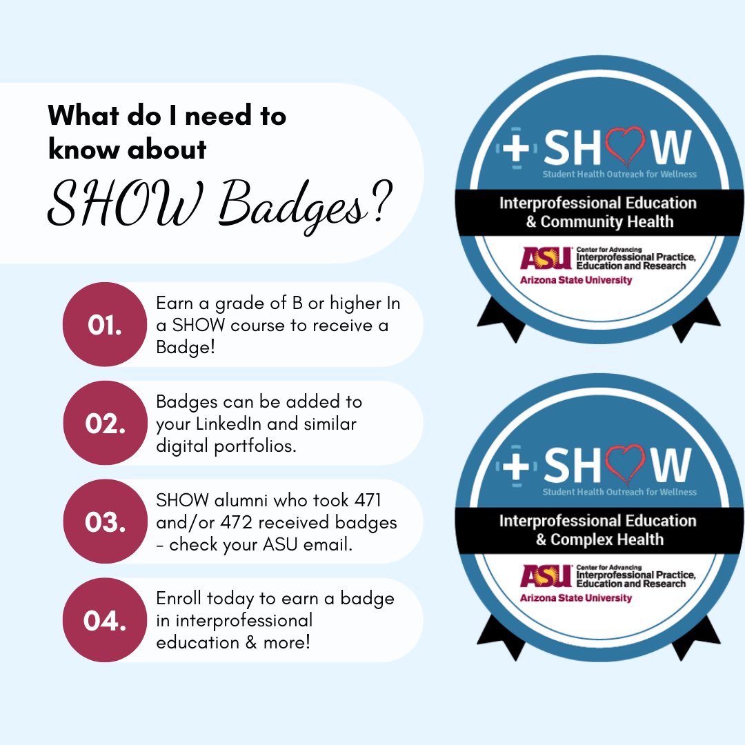 @SHOWazclinic has launched TWO 🆕 BADGES! #Badges are a great way to recognize accomplishments &amp; showcase skills. 
💙 Enroll in HCR/CRD 471 or 472 to earn a Badge!
📣 Stay tuned for future SHOW Badges! 

#CommunityEngaged #ServiceLearning #Interprofessional #WorkforceDevelopment