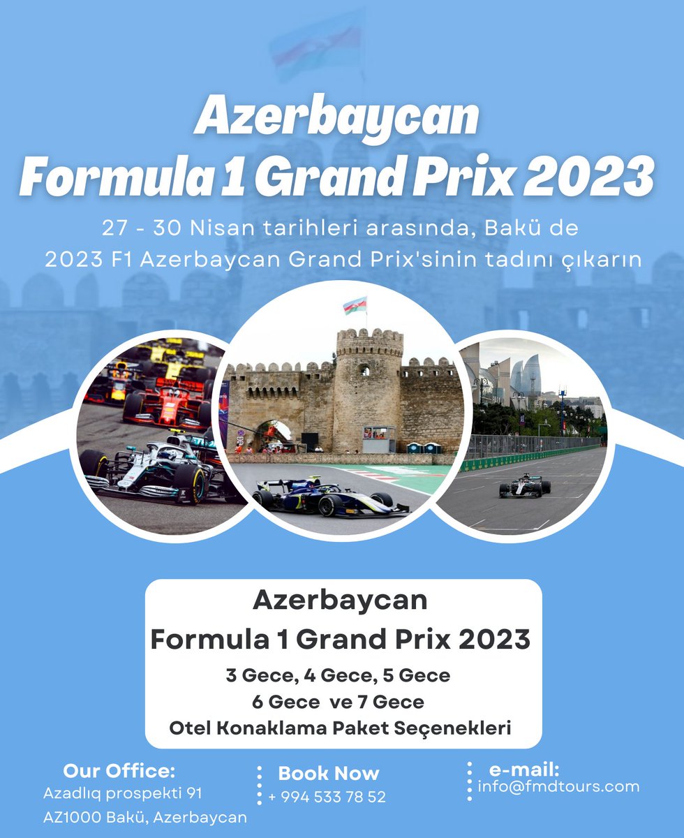 Azerbaycanturu's tweet photo. 27 - 30 Nisan tarihleri arasında, Bakü de
 2023 F1 Azerbaycan Grand Prix'sinin tadını çıkarın #F1 #Formula1 #GrandPrix #formula1baku #formula1azerbaijan #f1baku #f1azerbaijan #Baku #Azerbaycan #Azerbaijan #fmdtours https://t.co/a3yl67Hylt