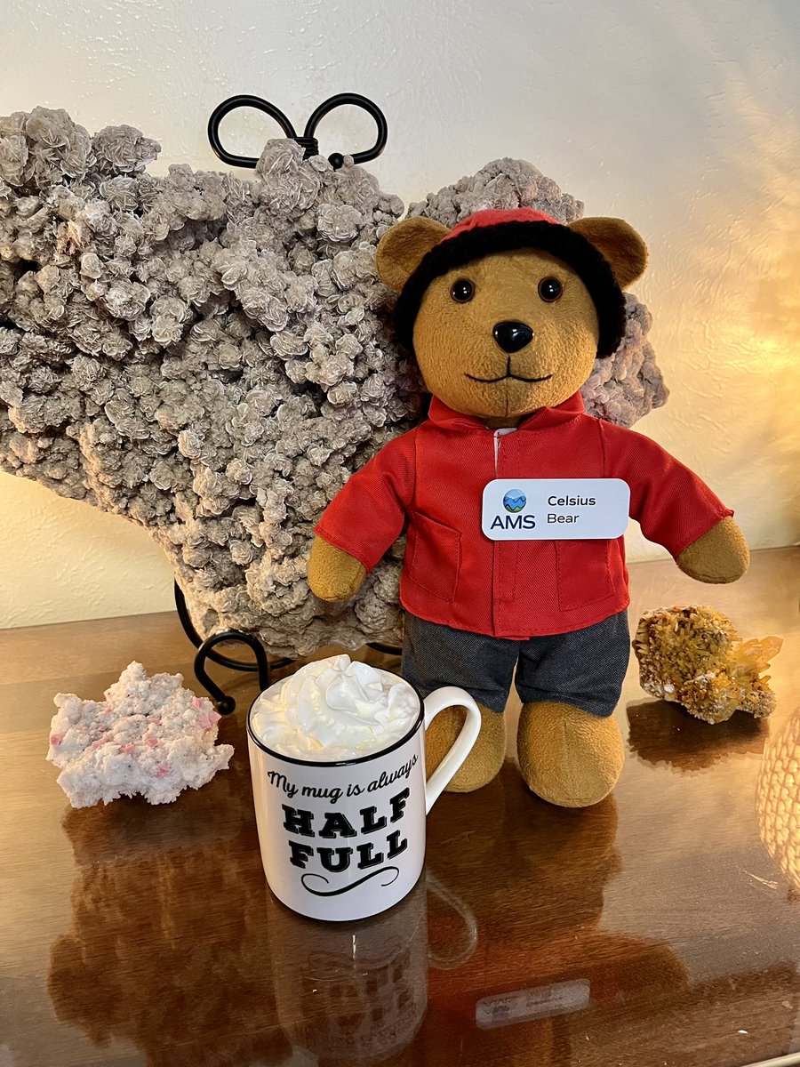 AMSeducation's tweet photo. Hey #AGU22 attendees, #CelsiusBear would like to share a PSA: It’s #NationalHotChocolateDay! Perfect for this Chicago #weather… Extra Credit if you can name the #rocks in this picture. https://t.co/uCULP0mpgC