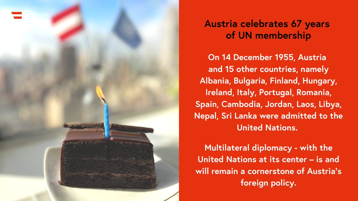 AustriaUN's tweet photo. Today, #Austria 🇦🇹 celebrates being a member of the United Nations for 6⃣7⃣ years.🎉

Multilateral diplomacy - with 🇺🇳@UN at its center – is and will remain a cornerstone of Austria’s foreign policy. @MFA_Austria  

#classof55 https://t.co/qvLzElbubo
