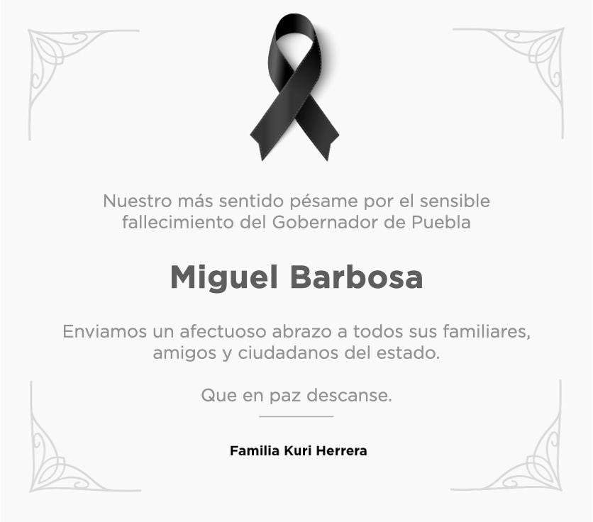 Lamento profundamente el fallecimiento de mi compañero Gobernador de Puebla, Miguel Barbosa. 

Siempre lo recordaremos como político sensible y culto, entregado a servir a sus convicciones e ideales. 

Envío mis condolencias a su familia pidiendo por su pronta resignación.