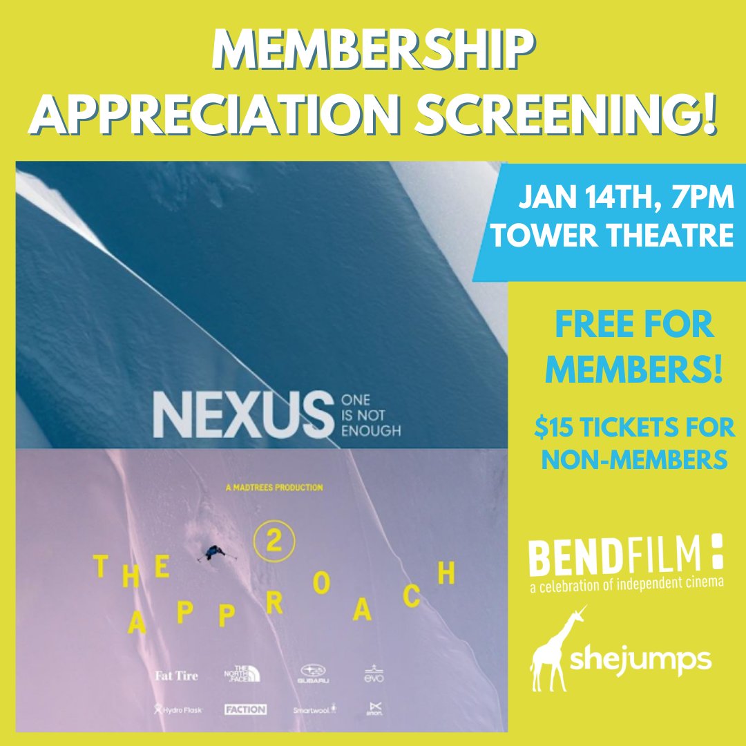 Join us for our annual Membership Appreciation Screening!⭐️🎥 // BendFilm x SheJumps Present 'NEXUS' + 'The Approach 2' // 🍿 JAN 14th, 7 PM at the TOWER THEATRE!🍿 Members get in for FREE! Tickets are $15 for non-members! bendfilmyear-round.eventive.org/films/6397b251…