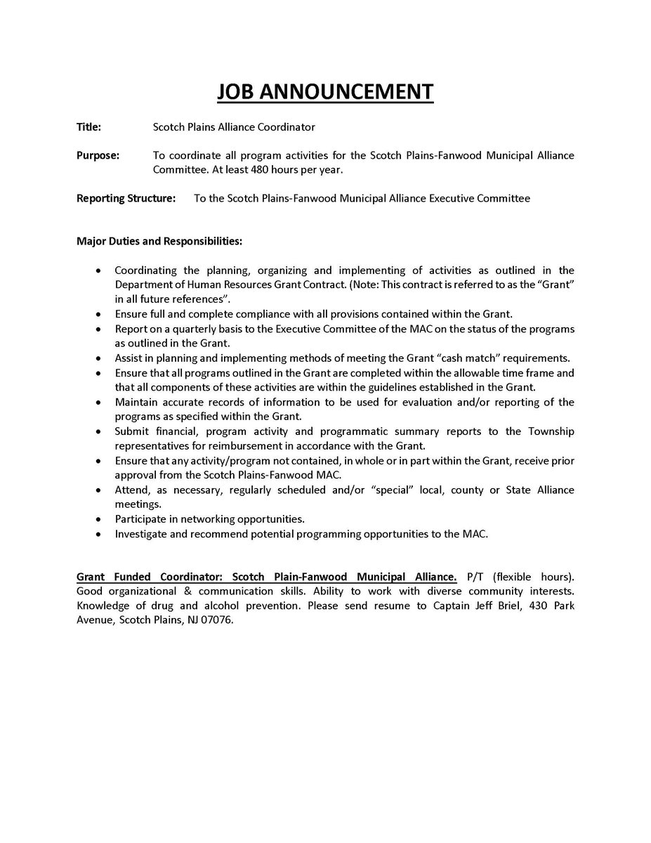 The Township of Scotch Plains is looking to hire a Municipal Alliance Coordinator for a part-time position. See the attached flyer for more information.