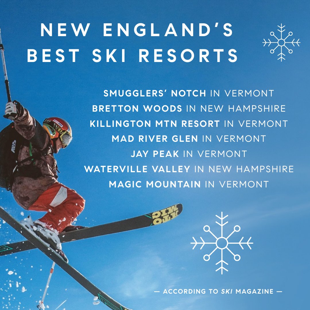 SueRevisRE's tweet photo. New England's Best Ski Resorts

Smugglers' Notch in Vermont
Bretton Woods in New Hampshire
Killington Mtn Resort in Vermont
Mad River Glen in Vermont
Jay Peak in Vermont
Waterville Valley in New Hampshire
Magic Mountain in Vermont

According to SKI Magazine

#ridickrevisgroup https://t.co/lqQ8B5w7uX