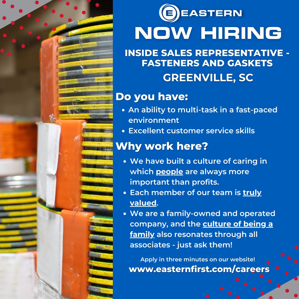 ThePowerTech's tweet image. We're hiring for the position of Inside Sales Representative - Fasteners and Gaskets at our Greenville, SC, location!

Just head to linkedin.com/jobs/view/3380… and apply today! It only takes three minutes.

#positiveworkculture #companyculture #sales #PVF #plumbing #culturematters