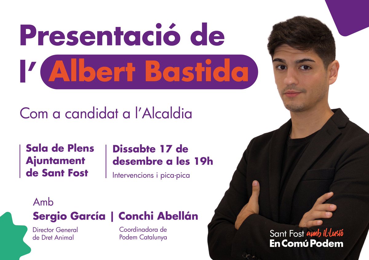 santfostecp's tweet photo. Ens fa molta il·lusió anunciar que aquest dissabte, presentem a l'Albert Bastida (@bastida2023) com a candidat a l'alcaldia de Sant Fost.

Esteu tots i totes convidats a assistir-hi! 
🗓️ Dissabte 17 de desembre 
⌚ 19.00h
📍Sala de Plens de l'Ajuntament

#Bastida2023 #SantFost https://t.co/UcvOvBj1dF