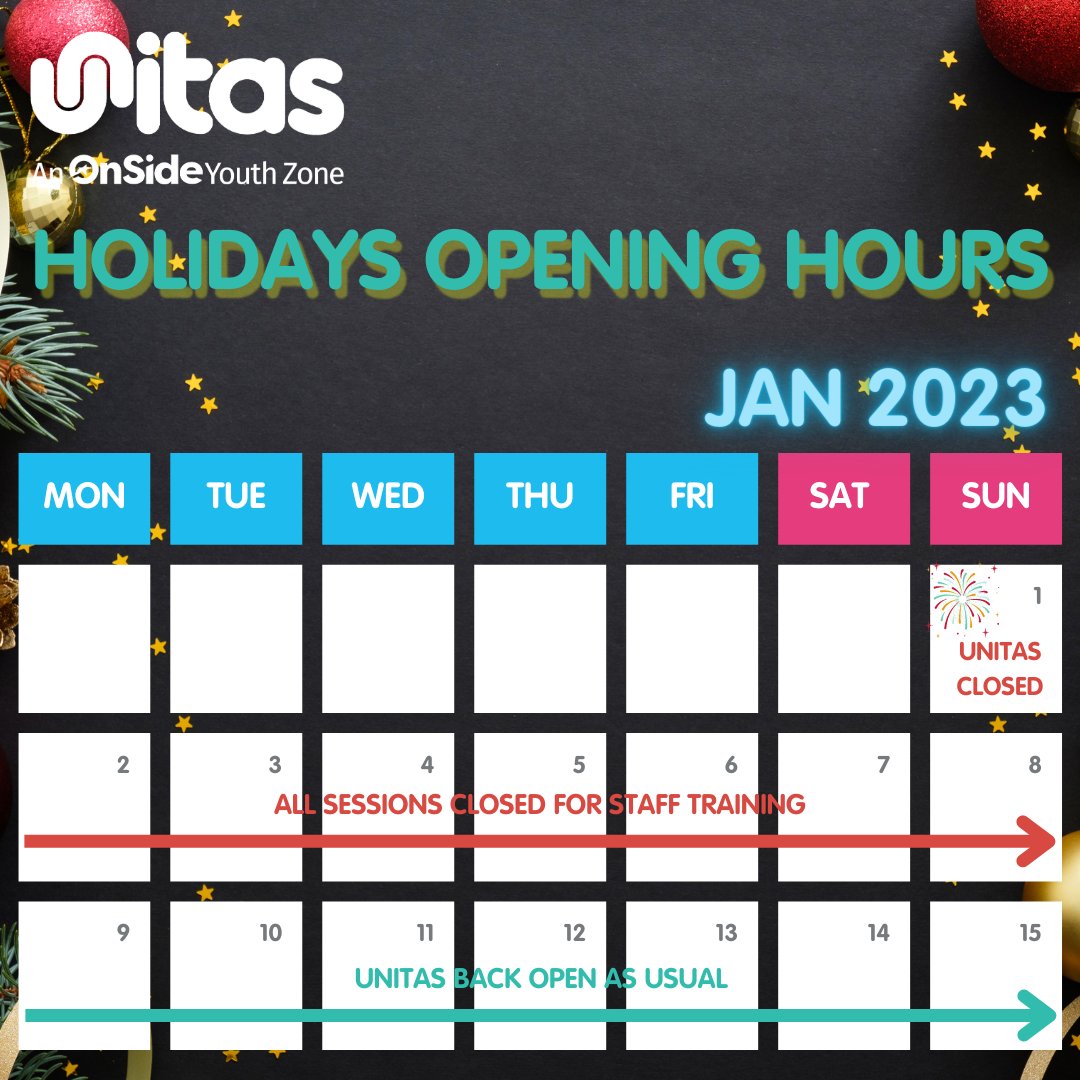 We would like to take this opportunity to say a BIGGGG THANK YOU for all your support throughout the year! Here comes our holidays opening hours! ⏰ Regular session will resume on Monday 9 Jan 2023.

#unitas #youngpeople #barnet #christmas #NewYear2023