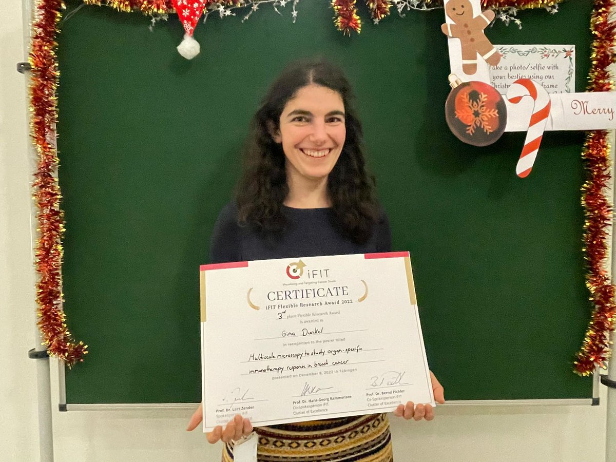 WSIC_Tuebingen's tweet photo. We congratulate our PhD student @DunkelGina for receiving the @CoE_iFIT Christmas and Science poster award which is endowed with flexible research grant of 5000€! #iFITxmas #posterprize #multiscale #microscopy #immunotherapy https://t.co/LkmE90BIKI