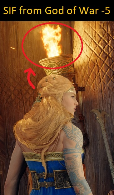 gamin921's tweet photo. When I saw the flames burning above her head in the scene where Sif first appeared in the game, I had a thinking she was going to have some very hot scenes! But that didn't happen! 🔥🔥🔥😮😉😊 #Sif #God_of_war_ragnarok #First_appearance https://t.co/aLREkedomm