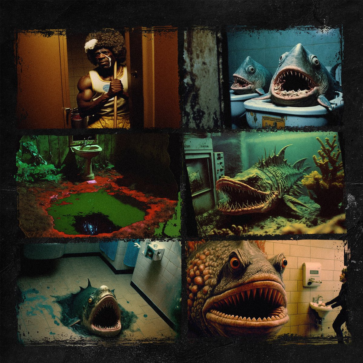 willhowe's tweet photo. .. continued. Prompts included “1975” “low budget” and ”horror”, and using “JAWS” as a reference kept the piranhas styling somewhat consitent too. Curated by me, made with AI. #madewithai #midjourney #midjourneyart #midjourneyai #midjourneyartwork #aiartwork #aiartists https://t.co/kWyylnrw5r