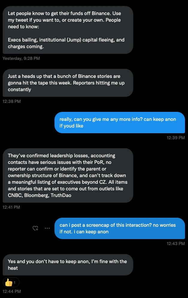 DylanLeClair's tweet photo. RE: Binance 

"Execs bailing, institutional (Jump) capital fleeing, and charges coming"

Relaying from @AP_ArchPublic. https://t.co/XUhicl2JNE