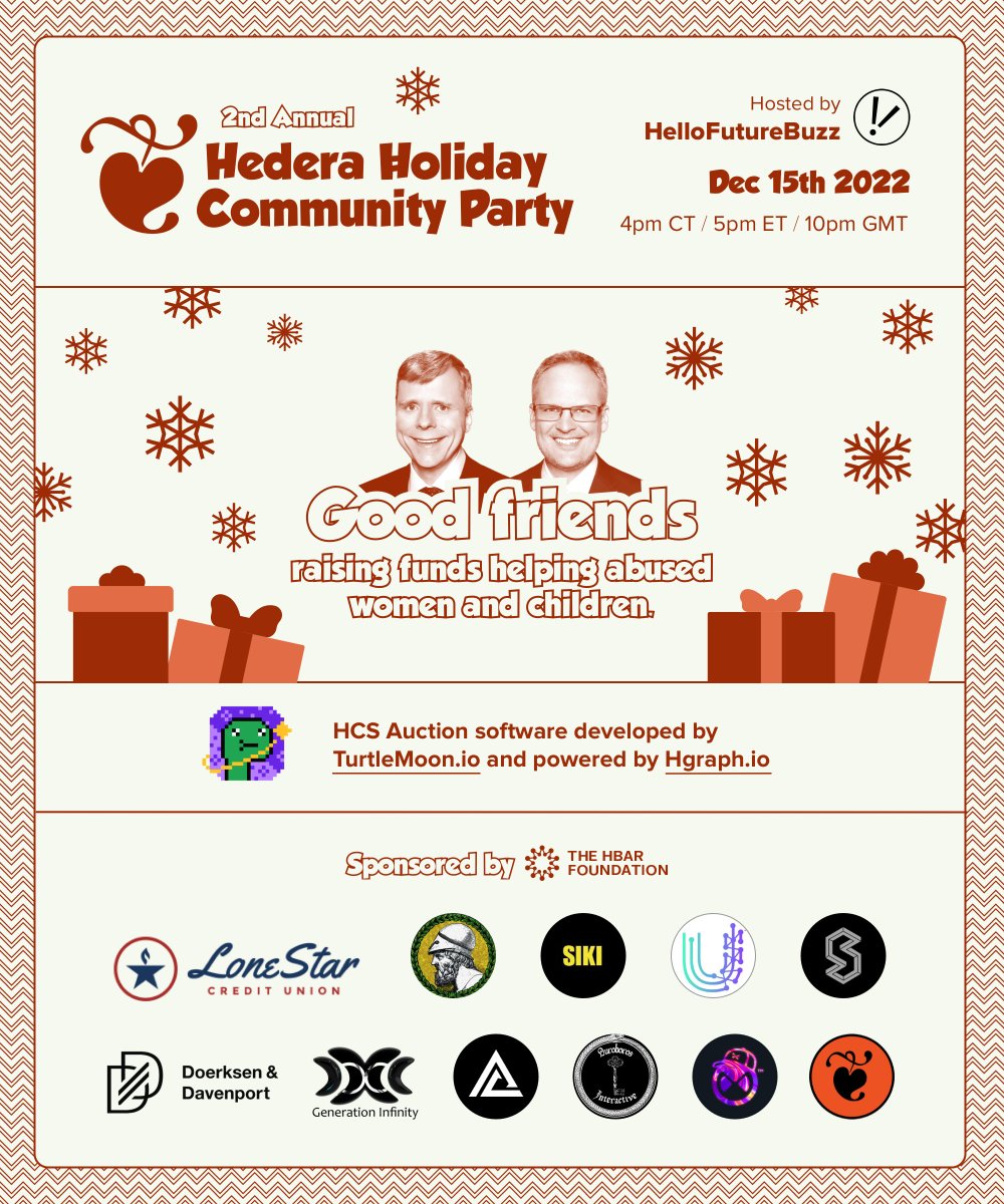 TurtleMoonCC's tweet photo. ❄️Hedera Holiday Party and charity auction❄️

NFTs have been donated from 60+ amazing creators in the #hbarnft space, don't miss out!

Auctions start at 10pm ET on Dec 15th
https://t.co/P5WDhh6mmi

@HelloFutureBuzz charity auction spaces:
https://t.co/eWk4KIa8DK https://t.co/tuV0Kstx32