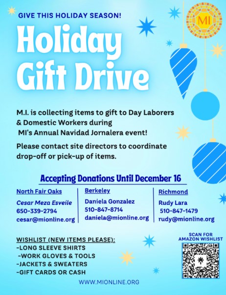 AcknowledgeAll's tweet photo. @MI_Bay_Area is collecting donations for their Holiday Gift Drive until 12/16! Donations will go to day laborers, domestic workers &amp; their kids @ MI’s annual Navidad Jornalera in N. Fair Oaks. We have deep connections to the students &amp; teachers in N. Fair Oaks- please donate! https://t.co/bT22KPMgzs