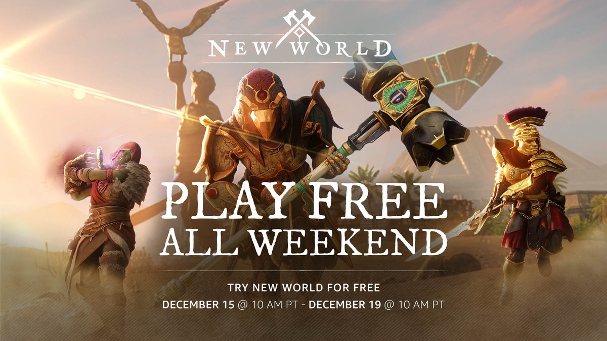 Get a taste of New World through our Steam Free Weekend on 12/15 at 10 AM PT until 12/19, 10 AM PT. 

Experience the revamped starting experience, find a favorite weapon, and explore a vast world either solo or with friends. 

Check it out!
⚔️ bit.ly/3W1JTmA